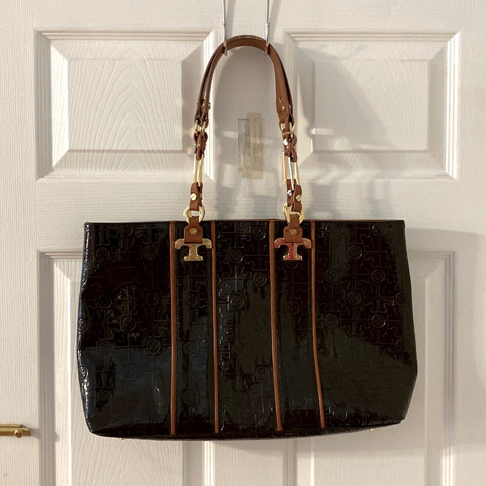 Tory Burch Brown Patent Satchel with Tan Trim
